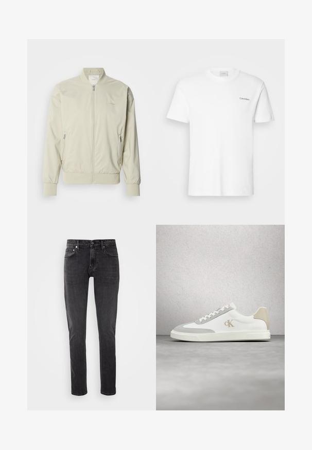 Vaaleahko beige bomber-takki, joka on valmistettu sileästä, kevyestä materiaalista. Takissa on vetoketjukiinnitys, ribbaus hihansuissa ja sivutaskut. Huomaamaton logo-detail.; Valkoinen puuvillapaita lyhyillä hihoilla ja pyöreällä kaula-aukolla. Vasemmassa rinnassa on pieni musta "Calvin Klein" -logo.; Mustat farkut slim fit -mallia, viisi taskua, ja napitus. Klassinen ompelu ja kevyt haalistuminen kauttaaltaan.; Valkoinen Calvin Kleinin tennari, jossa on beigejä mokkanahkaisia yksityiskohtia ja logo, kelluu sileän harmaan lattian yllä lasitiiliseinän edessä.