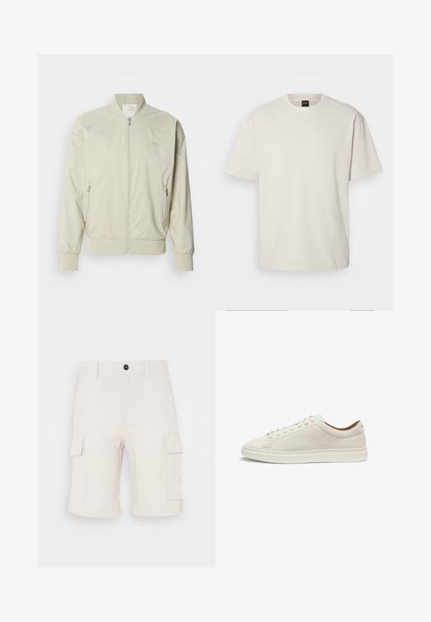 Vaaleahko beige bomber-takki, joka on valmistettu sileästä, kevyestä materiaalista. Takissa on vetoketjukiinnitys, ribbaus hihansuissa ja sivutaskut. Huomaamaton logo-detail.; Lyhythihainen, pyöreäkauluksinen t-paita off-white puuvillasta, jossa on suora leikkaus ja minimaalinen brändäys kauluksessa. Pehmeä tekstuuri, ei kuvioita.; Beige cargo shorts valmistettu kevyestä kankaasta, jossa on kaksi sivutaskua ja käännetty helma. Napin sulku vyötäröllä.; Matalavartinen beige mokkanahkainen lenkkikenkä, jossa on samansävyiset nauhat, litteä pohja ja hienovarainen kohokuvioitu "BOSS"-logo sivulla, esitetty sivukuvasesta.