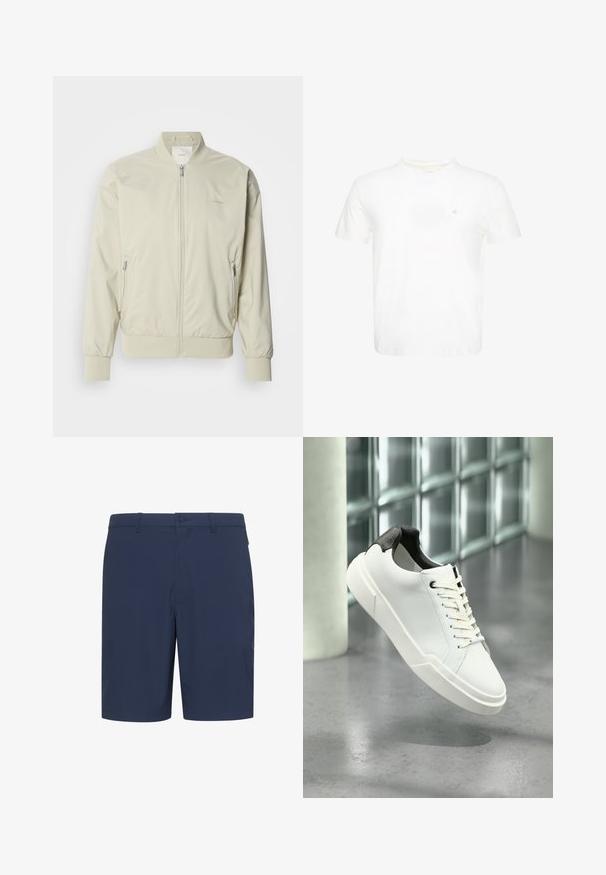 Lichtbeige bomberjack van soepel, lichtgewicht materiaal. Voorzien van een ritssluiting aan de voorkant, ribgebreide mouwen en zijzakken. Subtiel logo-detail.; Witte T-shirt met korte mouwen en ronde hals met klein geborduurd "ck"-logo op de linkerborst.; Donkerblauwe korte broek van lichtgewicht stof, met een platte voorkant, riemlussen en een knoopsluiting, geschikt voor casual gebruik.; Witte lage sneaker met zwarte, gestructureerde hielkap, witte veters en dikke zool op een gepolijste betonnen vloer nabij glazen blokken.