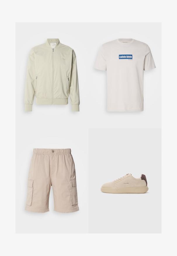 Chaqueta bomber de color beige claro, confeccionada en un material suave y ligero. Presenta un cierre de cremallera en la parte frontal, puños acanalados y bolsillos laterales. Detalle sutil del logo.; Camiseta de algodón blanca con un logo rectangular azul que dice "calvin klein" y "new york city" en texto blanco en el frente. Corte clásico.; Pantalones cortos de carga beige con cintura elástica, cierre de botón, dos bolsillos laterales y bolsillos adicionales en los muslos. Tejido ligero.; Zapatilla de ante beige con punta redondeada, cordones en la parte frontal y un acento de ante marrón en el talón. Cuenta con una suela de goma texturizada.