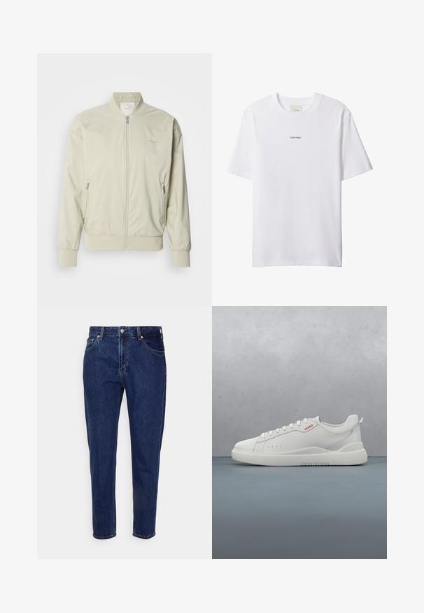 Veste bomber beige clair en matériau lisse et léger. Dotée d'une fermeture éclair à l'avant, de poignets côtelés et de poches latérales. Détail de logo discret.; T-shirt blanc en coton avec un col rond et des manches courtes. Présente un petit logo noir "Calvin Klein" centré sur la poitrine.; Jean droit en denim bleu foncé avec fermeture à bouton et zip à l'avant, passants pour ceinture, poches avant et arrière.; Sneaker blanche avec une finition en cuir lisse, bout rond, quatre œillets, perforations subtiles et un détail de logo rouge sur le côté.