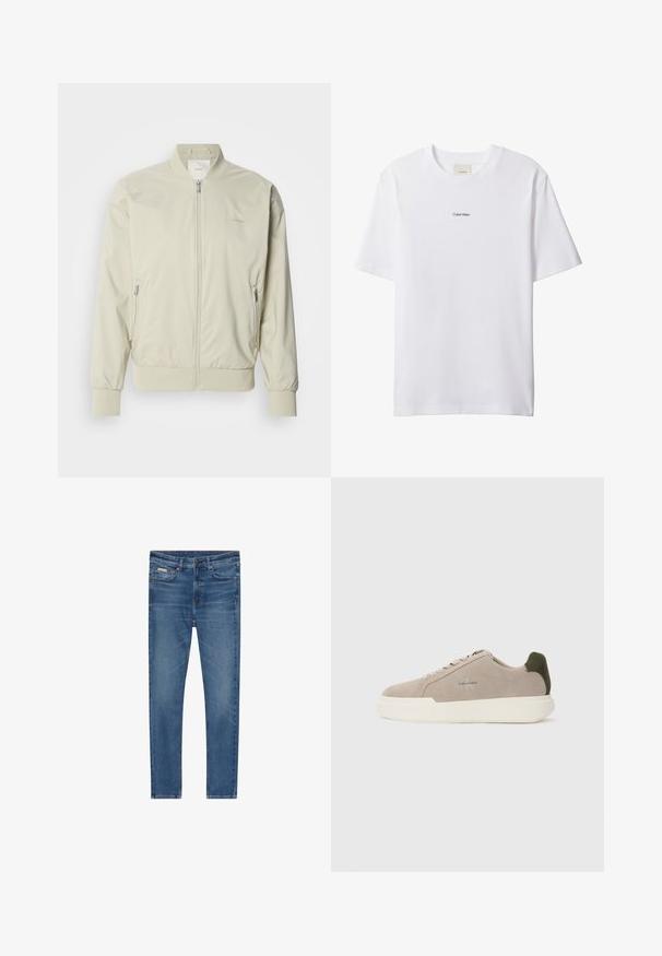 Lys beige bomberjakke lavet af glat, letvægtsmateriale. Har lynlås fortil, ribbede manchetter og sidelommer. Diskret logo-detalje.; Hvid bomuld t-shirt med rund hals og korte ærmer. Har en lille sort "Calvin Klein"-logo centreret på brystet.; Blå denim jeans med en tætsiddende pasform, fem lommer, knap lukning og subtil falmning på lårene og knæene.; Beige ruskinds sneakers med en hvid gummisål, der har en mørkegrøn hælaccent og subtil branding på siden.