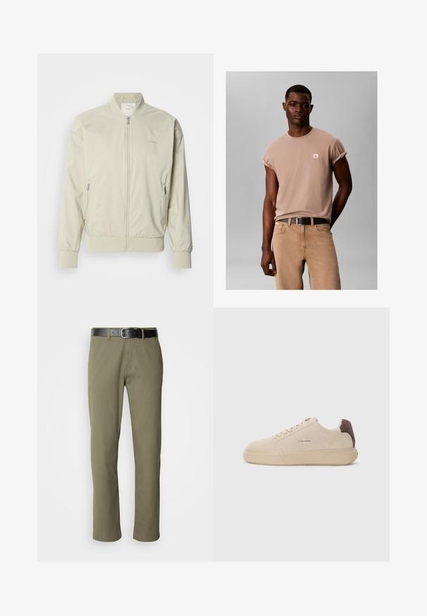 Lys beige bomberjakke lavet af glat, letvægtsmateriale. Har lynlås fortil, ribbede manchetter og sidelommer. Diskret logo-detalje.; Ung mand iført en lysebrun t-shirt med opkørte ærmer og lille Calvin Klein-logo samt beige bukser med sort bælte.; Olivengrønne lige ben bukser lavet af bomuld, med et sort læderbælte, synlig søm og sidelommer.; Beige ruskind sneakers med rund tå, snørret foran og en brun ruskindsdetalje på hælen. Har en tekstureret gummisål.