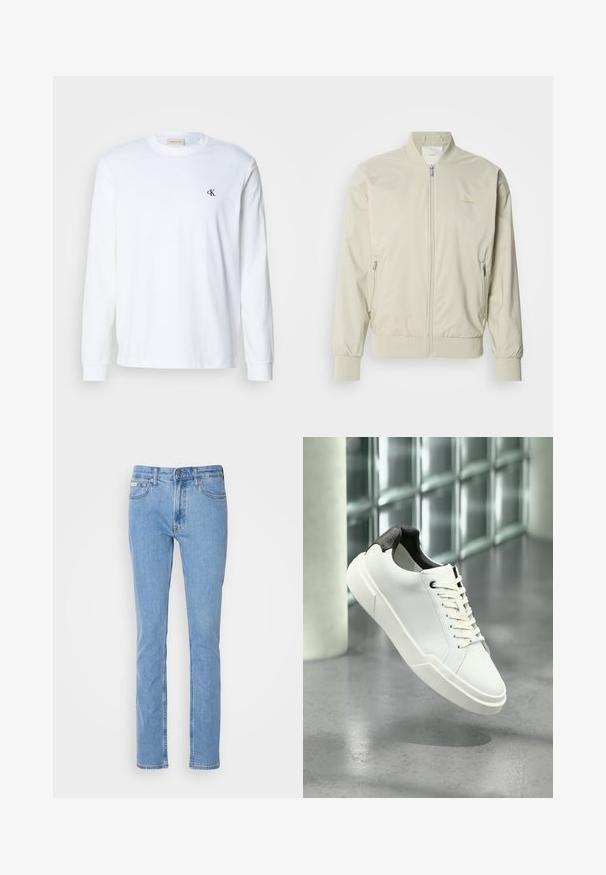 Lys beige bomberjakke lavet af glat, letvægtsmateriale. Har lynlås fortil, ribbede manchetter og sidelommer. Diskret logo-detalje.; Hvid langærmet bomuldsskjorte med rund hals og lille sort "cK"-logo på venstre bryst.; Lyseblå denimjeans med lige ben-design, fem-lomme styling og en standard talje med løkke til bælte.; Hvid lav tå-sneaker med sort struktureret hælfane, hvide snørebånd og tyk sål på en poleret betongulv nær glasblokke.
