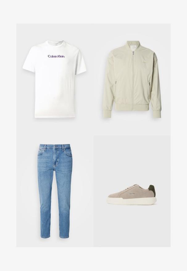Chaqueta bomber de color beige claro, confeccionada en un material suave y ligero. Presenta un cierre de cremallera en la parte frontal, puños acanalados y bolsillos laterales. Detalle sutil del logo.; Camiseta de algodón blanca con cuello redondo, mangas cortas y un logo morado de "Calvin Klein" impreso en el pecho.; Vaqueros de mezclilla azul claro con corte recto, diseño de cinco bolsillos y un sutil desgastado. Presentan un cierre de botón y pasadores para cinturón.; Zapatillas de piel de ante beige con suela de goma blanca, que presentan un acento en el talón de color verde oscuro y un sutil logo en el lateral.
