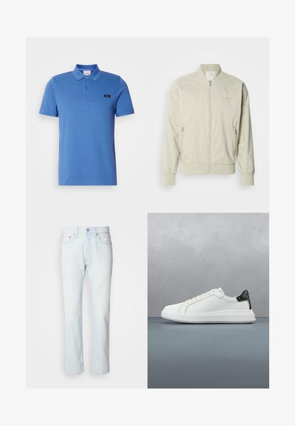 Veste bomber beige clair en matériau lisse et léger. Dotée d'une fermeture éclair à l'avant, de poignets côtelés et de poches latérales. Détail de logo discret.; Polo en coton bleu avec un col, deux boutons, des manches courtes et un écusson noir sur le côté gauche. Tissu lisse et texturé.; Jean en denim bleu clair avec une coupe droite. Présente une fermeture à bouton et des passants de ceinture, mettant en valeur une texture décolorée et des coutures minimalistes.; Baskets blanches avec une tige en cuir lisse et un accent de talon noir contrastant. Caractéristiques des lacets plats et une semelle en caoutchouc texturé.
