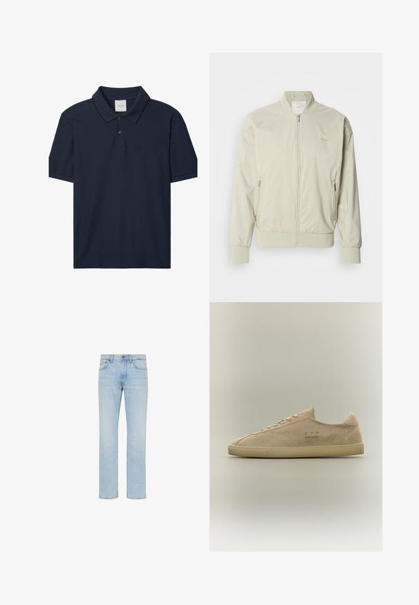 Heled beige bomber-jakk, mis on valmistatud siledast ja kergest materjalist. Omab lukk eest, soonikvarrukaid ja küljetaskuid. Diskreetne logo detail.; Tumesinine lühikeste varrukatega polo särk, millel on kaks nööpi, soonikuga krae, millel on õhuke must ääreline, ning väike "ck" logo vasakul rinnal.; Hele sinised sirge säärega teksapüksid esiküljel nupu, lukuga ning viie tasku disainiga, pildil valgel taustal.; Beežid sametise madala lõikega vabaajajalatsid beeži kummipõhjaga, paelaga sulgemise ja peene "C.P. Company" brändinguga küljes.