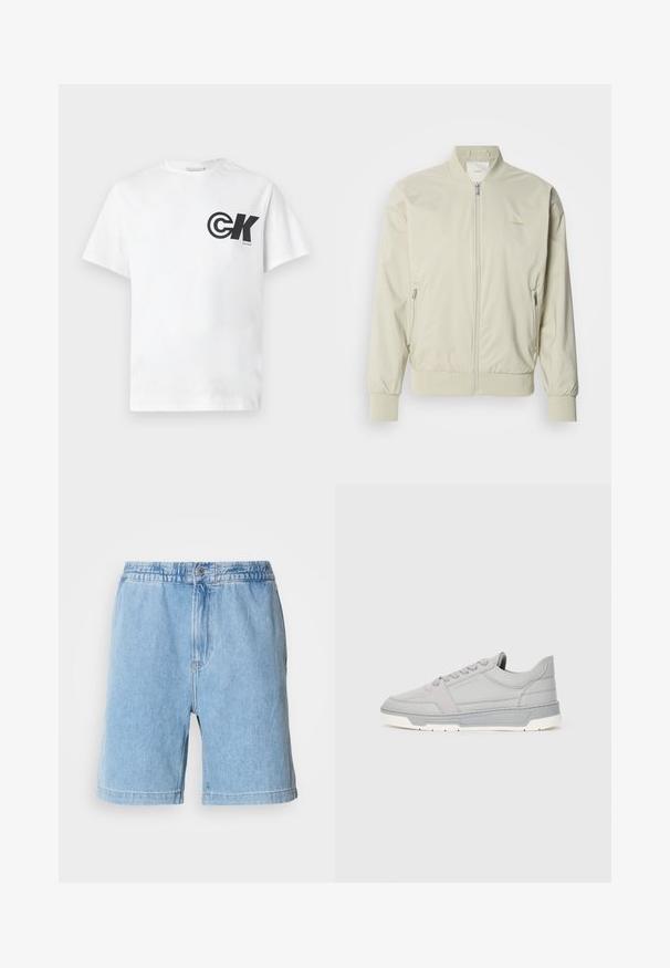 Heled beige bomber-jakk, mis on valmistatud siledast ja kergest materjalist. Omab lukk eest, soonikvarrukaid ja küljetaskuid. Diskreetne logo detail.; Valge puuvillane T-särk, millel on must ümmargune "CK" logo ja tekst vasakul rinnaku kohal; ümar kaelus ja lühikesed varrukad, lihtne disain.; Heledsinine denimpüksid, millel on elastne vöökoht, eesnuppude sulgemine, küljetaskud ja sirge lõike disain. Keskmise reie pikkus.; Heledad hallid spordijalatsid, millel on sile nahk ja peen tekstuur. Omab ümmarguseid paelu, reliefset logot ja valget kummist tallat.