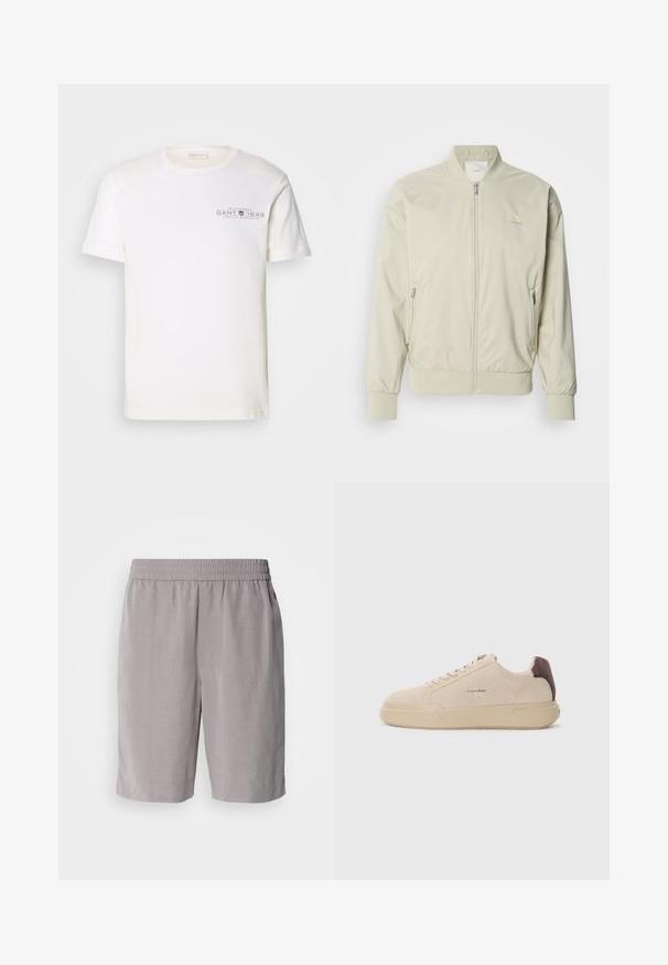 Veste bomber beige clair en matériau lisse et léger. Dotée d'une fermeture éclair à l'avant, de poignets côtelés et de poches latérales. Détail de logo discret.; T-shirt en coton blanc avec un col rond, des manches courtes et un logo imprimé. Présente un design minimaliste et une coupe décontractée.; Calvin Klein PULL ON - Short - steeple gray; Baskets en daim beige avec un bout rond, lacets à l'avant et un accent en daim marron sur le talon. Dotées d'une semelle en caoutchouc texturé.