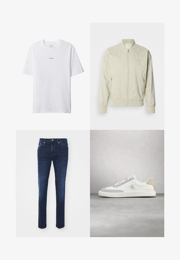 Heled beige bomber-jakk, mis on valmistatud siledast ja kergest materjalist. Omab lukk eest, soonikvarrukaid ja küljetaskuid. Diskreetne logo detail.; Valge puuvillane t-särk ümmarguse kaeluse ja lühikeste varrukatega. Rinnal on keskel väike must "Calvin Klein" logo.; Tumedat sinised denim püksid sirge lõikega, viie tasku ja metallist nööbiga kinnitusega, millel on õrn pleekimine ja sile tekstuur.; Valge Calvin Kleini toss, millel on beežid seemisnahast detailid ja logoga, hõljub üle sileda halli põranda klaasplokkidest seina taustal.