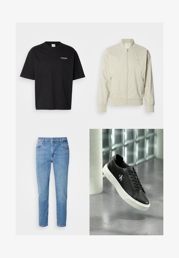 Lichtbeige bomberjack van soepel, lichtgewicht materiaal. Voorzien van een ritssluiting aan de voorkant, ribgebreide mouwen en zijzakken. Subtiel logo-detail.; Zwarte katoenen t-shirt met een ontspannen pasvorm, korte mouwen en een wit Calvin Klein-logo op de borst gedrukt. Smooth textuur, ronde hals.; Lichtblauwe denim jeans met een rechte pasvorm, vijf zakken en subtiele vervaging. Voorzien van een knoopsluiting en riemlussen.; Zwarte leren sneaker met een witte rubberen zool en het "CK Calvin Klein" logo aan de zijkant, getoond tegen een achtergrond van betegeld glas.