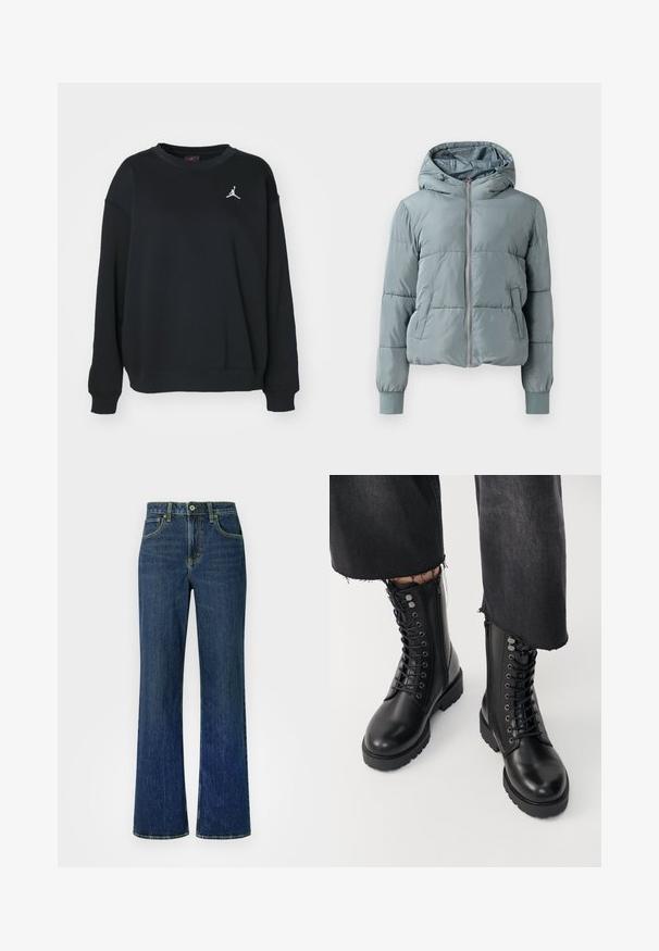 Hellblaue gesteppte Kapuzenjacke mit durchgehendem Frontreißverschluss, zwei Seitentaschen und elastischen Bündchen auf einfarbigem Hintergrund.; Schwarzer Pullover aus Baumwolle, mit rundem Ausschnitt, langen Ärmeln, gerippten Bündchen und Saum, versehen mit einem weißen Jumpman-Logo auf der Brust.; Hell ausgebleichte dunkelblaue Jeans aus Denim mit hoher Taille, weitem Bein und klassischem Fünf-Taschen-Design. Gelbe Nähte als Akzent.; Schwarze Knöchelboots aus glattem Leder mit Schnürung vorne und seitlichem Reißverschluss. Die robuste Sohle und die detaillierten Ösen sorgen für Textur.