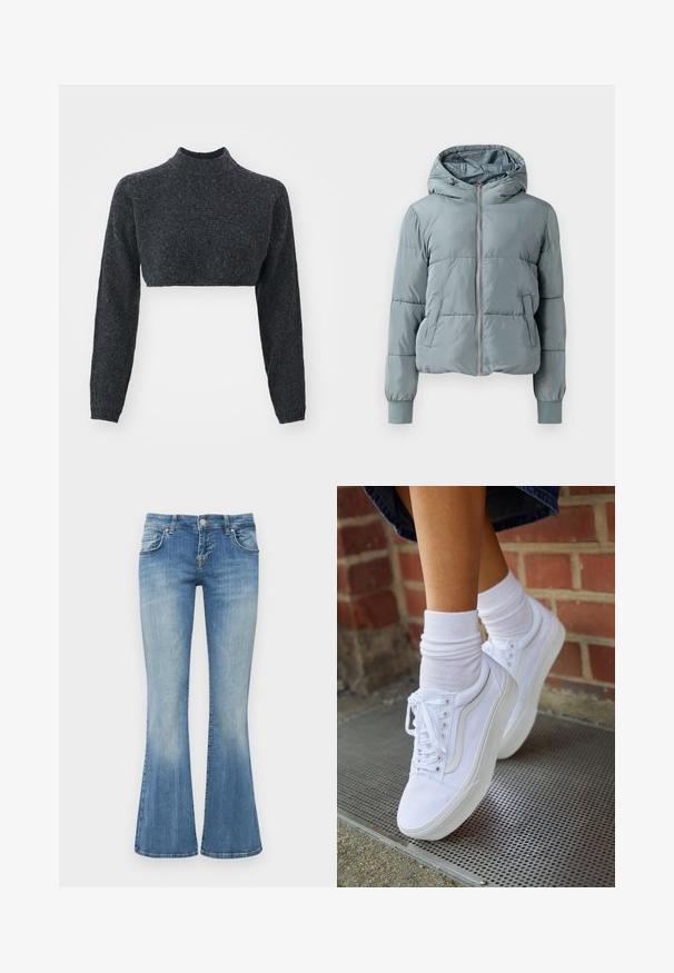 Veste matelassée bleu clair à capuche avec fermeture éclair intégrale à l'avant, deux poches latérales et poignets élastiques sur fond uni.; Pull col roulé court en gris foncé, doté de manches longues et d'un tissu tricoté texturé. Le design est ajusté et minimaliste, sans matériel visible.; LTB ROXY - Jean flare - vicky wash; Baskets en toile blanches avec semelles en caoutchouc, dotées de six œillets, d'un bout rond et de détails de couture légers, portées avec des chaussettes blanches mi-mollet.
