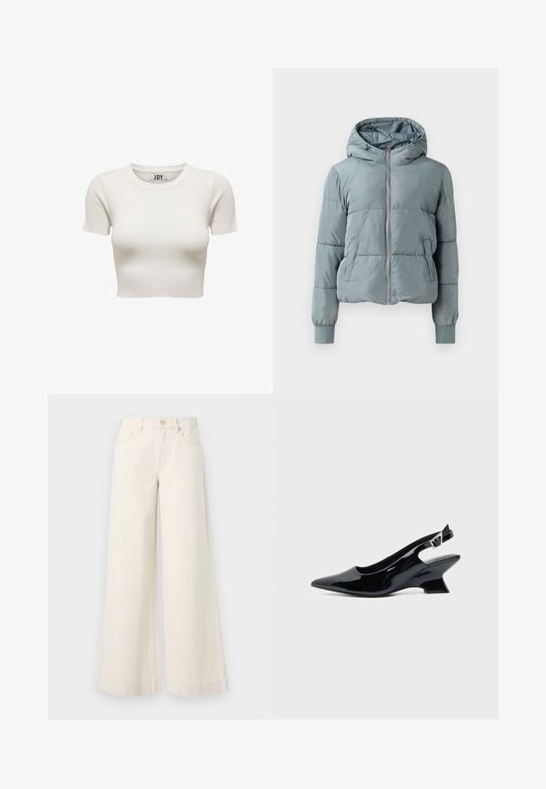 Lichtblauwe gewatteerde jas met capuchon, een volledige ritssluiting aan de voorkant, twee zijzakken en elastische boorden op een effen achtergrond.; Crèmekleurige korte mouwen geribbelde crop top met ronde hals en JDY merklabel binnenin de kraag, weergegeven op witte achtergrond.; Wijdvallende, lichtbeige denim broek met een hoge taille, twee voorzakken, knoopsluiting en subtiele stikseldetails.; Zwarte lakleren slingback schoen met spitse neus en lage schuine blokhak op een effen lichte achtergrond.