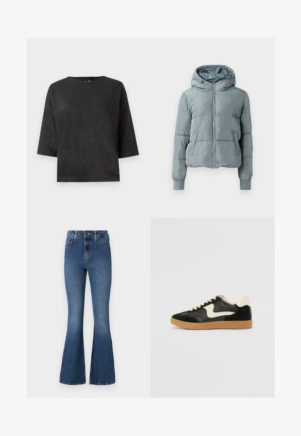 Chaqueta acolchada con capucha de color azul claro, con cremallera frontal completa, dos bolsillos laterales y puños elásticos sobre un fondo liso.; Top corto de color gris oscuro, confeccionado en una tela suave. Presenta un escote redondo y una forma sencilla y rectangulosa, sin adornos ni patrones.; Vaqueros acampanados azules con cintura alta, con un diseño estándar de cinco bolsillos y cierre de botón. Textura suave con detalles de desvanecimiento ligero.; Zapatillas de deporte de ante y cuero negro con un swoosh lateral en crema y un talón en crema claro. Presenta cordones beige y una suela de goma marrón.