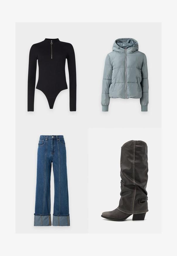 Hellblaue gesteppte Kapuzenjacke mit durchgehendem Frontreißverschluss, zwei Seitentaschen und elastischen Bündchen auf einfarbigem Hintergrund.; Noisy May NMTONI BODY - Langarmshirt - black; Hoch taillierte blaue Jeans mit weitem Bein, ausgestattet mit kontrastierenden Denim-Bündchen, sichtbaren Nähten und Vordertaschen.; Graue Lederstiefel bis zur Wade mit einem lässigen Design, spitzer Zehenform und gestapelt Hohem Absatz. Auffällige Nähte im Bereich der Zehen.