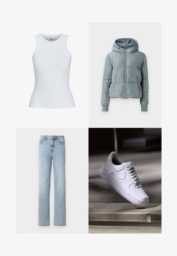 Hellblaue gesteppte Kapuzenjacke mit durchgehendem Frontreißverschluss, zwei Seitentaschen und elastischen Bündchen auf einfarbigem Hintergrund.; Weißes, geripptes Tanktop mit runder Ausschnittform und ärmellosem Design. Hat eine Slim-Fit-Passform und eine weiche Textur, ideal zum Lagenlook.; Hellblaue Denim-Jeans mit geradem Beinausschnitt, klassischem Fünf-Taschen-Design und einem Knopf- und Reißverschluss an der Taille.; Weißer Nike Air Force 1 Sneaker schwebt über einer Betonoberfläche mit Schatten in einem minimalistischen Umfeld.