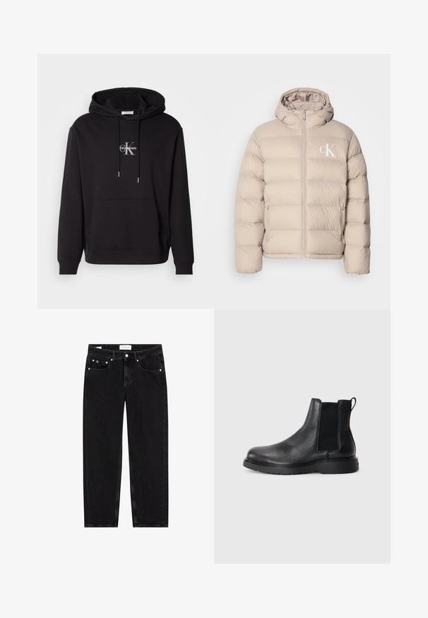 Beige puffatakki, jossa on huppu, tikattu muotoilu, keskellä vetoketju ja pieni valkoinen logo vasemmassa rinnassa. Pehmeä, sileä materiaali.; Musta puuvillahuppari, jossa on narulla säädettävä huppu, kengurupocket ja hopeinen logo, jossa lukee "Calvin Klein" ja "CK" rinnassa.; Mustat farkut suoran lahkean istuvuudella, hieman kulutetulla pinnalla, viidellä taskulla ja hopeisilla yksityiskohdilla. Tarranäyttö vyötäröllä.; Musta nahkainen Chelsea-boot, jossa on teksturoitu pinta, joustavat sivupaneelit ja kestävä kumipohja. Huomaamaton brändäys kantapäässä.