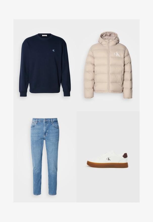 Beige puffatakki, jossa on huppu, tikattu muotoilu, keskellä vetoketju ja pieni valkoinen logo vasemmassa rinnassa. Pehmeä, sileä materiaali.; Tummansininen collegepaita puuvillasekoitteesta, jossa on ribbaatut hihansuut ja helma. Rinnassa on pieni vaaleansininen logo. Klassinen pyöreä pääntie.; Vaaleansiniset farkut suoran leikkauksen, viiden taskun muotoilun ja hienovaraisen haalistumisen kanssa. Varustettu napilla sulkeutuvalla vyötäröllä ja vyölenkeillä.; Valkoiset tennarit kumipohjalla, litteillä kengännauhoilla ja ruskealla mokkahempuilla. Sivulla on hienovaraisesti kohokuvioitu "cK" -logo.