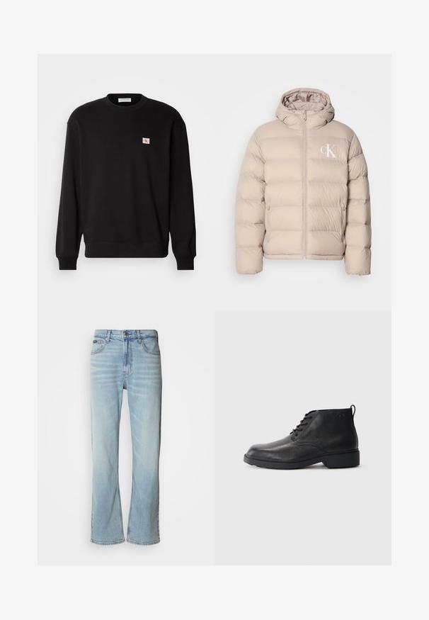 Beige pufferjack met een capuchon, voorzien van een gequilt ontwerp, centrale rits en een klein wit logo op de linkerkant van de borst. Zacht, glad materiaal.; Zwarte katoenen crewneck sweatshirt met lange mouwen, voorzien van een klein, rechthoekig logo-patch op de borst en geribbelde manchetten.; Lichtblauwe denim jeans met een rechte pijp, voorzien van vijf zakken, een knoopsluiting en subtiele vervaging op de stof.; Zwarte leren laarzen met een gestructureerde afwerking, ronde neus, vetersluiting aan de voorkant en een stevige rubberen zool. Voorzien van een klein aantreklipje aan de achterkant.