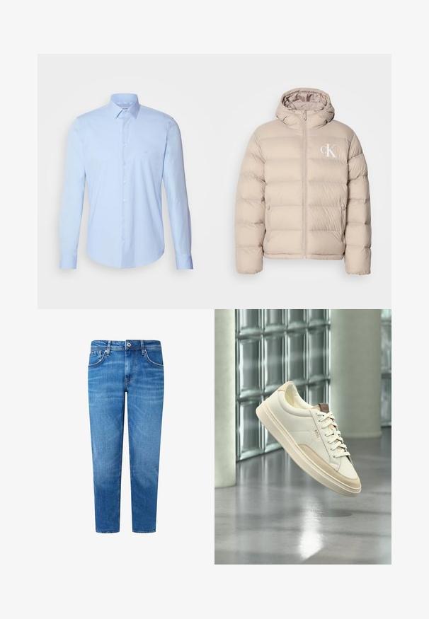 Beige pufferjakke med hætte, der har et quiltet design, central lynlås og et lille hvidt logo på venstre bryst. Blødt, glat materiale.; Lyseblå skjorte med knaplukning, fremstillet af bomuld, med klassisk krave, lange ærmer og et lille logo på brystet. Glat tekstur.; Lysblå denimjeans med lige snit, der har fem lommer, frontlukning med knap og subtle falmning over stoffet.; Hvid lavtop sneaksko med beige accenter og snørebånd, mærket "BOSS", svæver over en poleret gulv med en glasblokvæg i baggrunden.