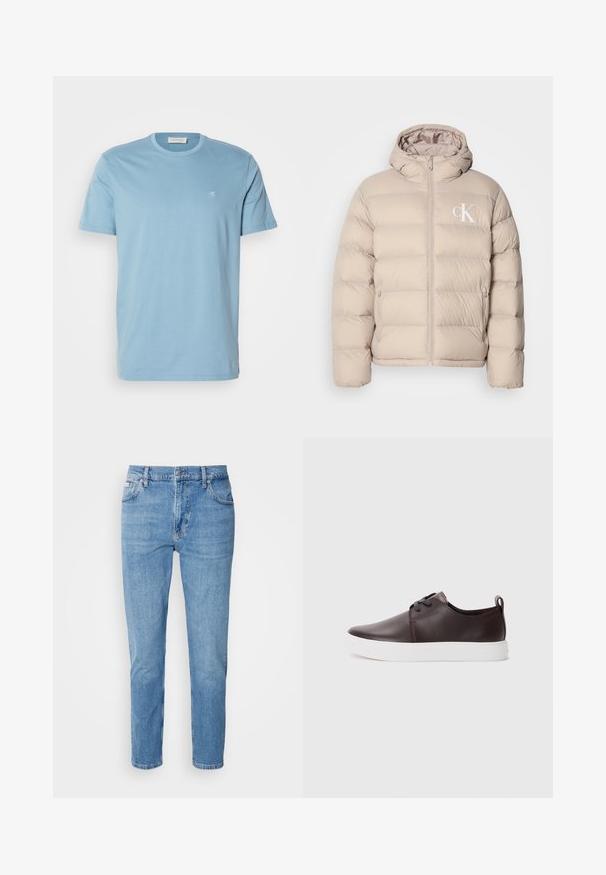 Beige pufferjack met een capuchon, voorzien van een gequilt ontwerp, centrale rits en een klein wit logo op de linkerkant van de borst. Zacht, glad materiaal.; Lichtblauwe katoenen T-shirt met een ronde hals, korte mouwen en een klein wit logo op de borst. Zachte textuur, eenvoudig ontwerp.; Lichtblauwe denim jeans met een rechte pasvorm, vijf zakken en subtiele vervaging. Voorzien van een knoopsluiting en riemlussen.; Bruine leren sneakers met een gladde afwerking, witte rubberen zool, ronde neus en vetersluiting. Heeft een lus aan de hiel.