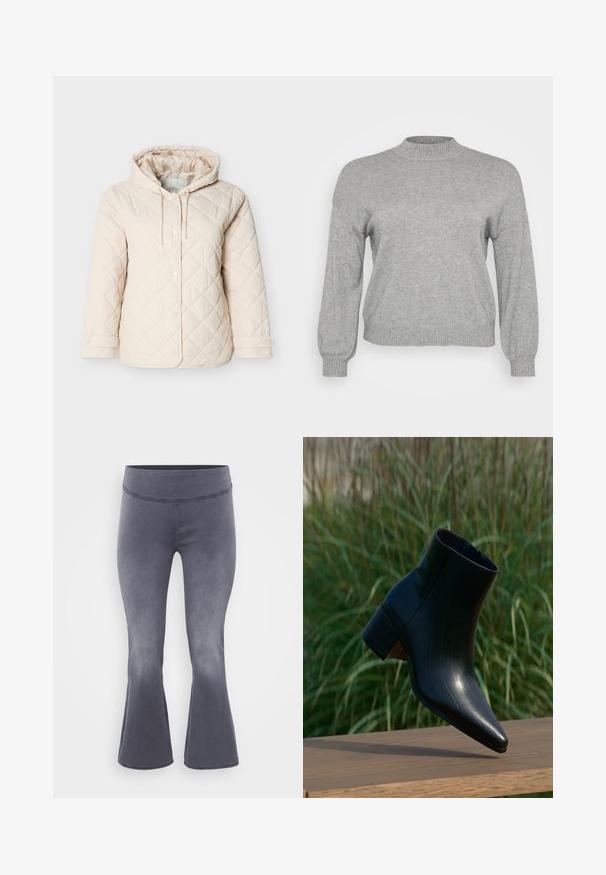 Chaqueta acolchada de color beige claro con capucha, que cuenta con botones a presión, un cordón ajustable en el cuello y puños elásticos para un ajuste seguro.; Suéter de punto gris claro con mangas largas, cuello redondo acanalado, puños y bajo, exhibido sobre un fondo blanco.; Pantalones acampanados grises con una cinturilla ancha. Tejido suave con un ligero brillo, que va de oscuro en la parte superior a más claro hacia la parte inferior.; Botín negro de cuero con puntera puntiaguda y tacón ancho descansando sobre superficie de madera, hierba alta y verde al fondo.