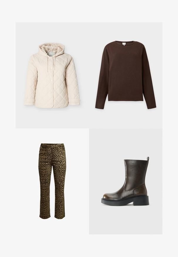 Lysebeige quiltet jakke med hætte, med trykknapper, snøre ved halsen og elastiske manchetter for en sikker pasform.; Mørkebrun langærmet sweater med rund hals og enkel, glat tekstur vist på en ensfarvet lys baggrund.; Leopardmønstret bukser med slim fit, knaplukning og syning i taljen samt let stræk for komfort.; Mørkebrune læderstøvler til midten af læggen med rund tå, tyk sort sål, lav blokhælel og en trækflap bagpå.
