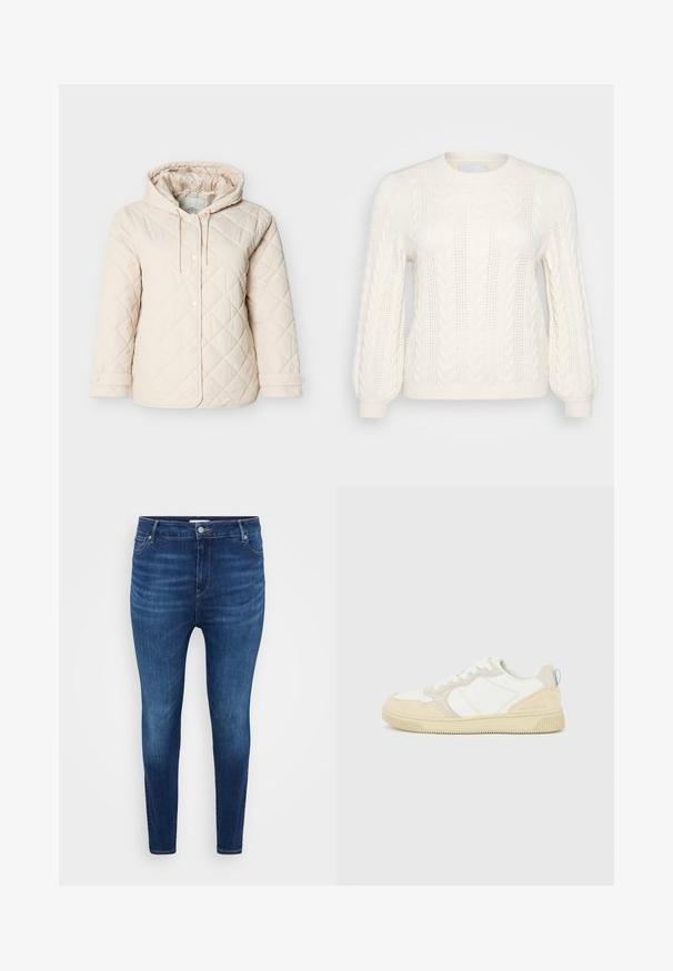 Hellbeige gesteppte Jacke mit Kapuze, ausgestattet mit Druckknöpfen, einem Kordelzug am Hals und elastischen Bündchen für einen sicheren Sitz.; Weißer Kabelstrickpullover mit langen Ärmeln, Rundhalsausschnitt, strukturiertem Muster und gerippten Bündchen. Leichtes Material mit dekorativen Details.; Dunkelblaue Skinny-Jeans mit vorderen Taschen, Gürtelschlaufen und einem Knopfverschluss auf einem schlichten hellen Hintergrund.; Weißer und beiger Sneaker mit Obermaterial aus Wildleder und Textil, kontrastierenden Nähten, einer Gummisohle und einem hellblauen Akzent an der Ferse.