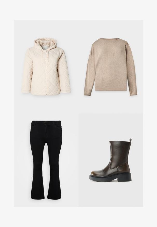 Hellbeige gesteppte Jacke mit Kapuze, ausgestattet mit Druckknöpfen, einem Kordelzug am Hals und elastischen Bündchen für einen sicheren Sitz.; Beiger Langarm-Strickpullover mit rundem Ausschnitt sowie gerippten Bündchen und Saum, dargestellt vor einem einfarbigen hellen Hintergrund.; Schwarze Schlagjeans aus Denim mit Knopfverschluss, fünf Taschen und einer glatten Textur. Klassisches Design mit ausgestellt geschnittenem Saum.; Dunkelbrauner Lederstiefel bis zur Mitte des Waden mit runder Spitze, dickem schwarzen Sohlen, niedrigem Blockabsatz und einer Zuglasche auf der Rückseite.