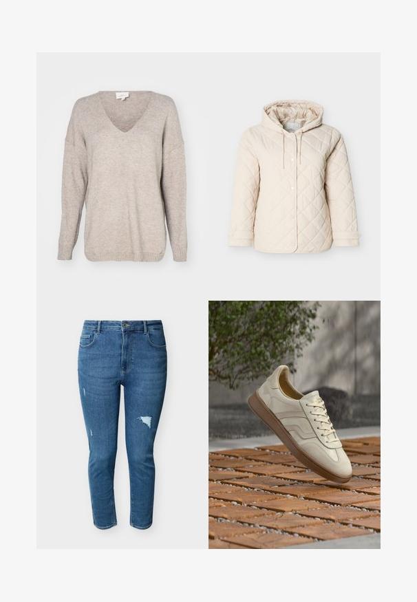 Lysebeige quiltet jakke med hætte, med trykknapper, snøre ved halsen og elastiske manchetter for en sikker pasform.; Beige v-hals sweater lavet af blødt strikket materiale, med en afslappet pasform, faldende skuldre og ribbede manchetter og kant.; Blå slim-fit denimjeans med let slid på venstre lår og ben, med forlommer og knaplukning.; Sneakers i cremefarve med en struktureret beige gummisål, snøredesign og diskret brand på siden. Overdel i glat læder.