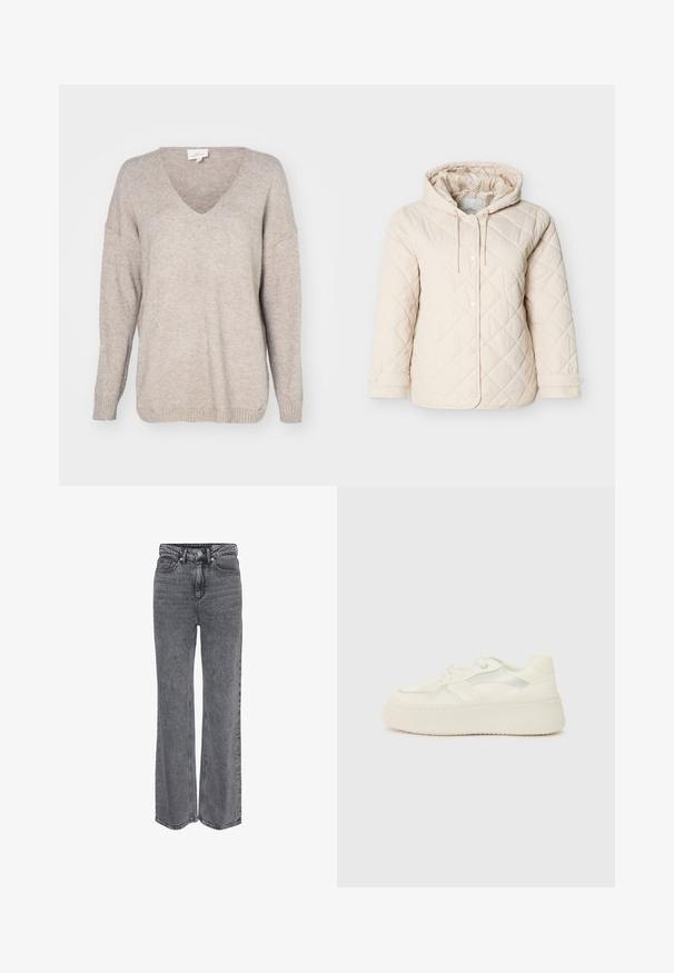 Lysebeige quiltet jakke med hætte, med trykknapper, snøre ved halsen og elastiske manchetter for en sikker pasform.; Beige v-hals sweater lavet af blødt strikket materiale, med en afslappet pasform, faldende skuldre og ribbede manchetter og kant.; Grå denimjeans i høj talje og med lige ben, med frontknap, lynlåslukning og klassisk design med fem lommer.; Hvide platform sneakers med en glat læderoverdel, syede detaljer og metalliske sidestænger. Rund tå og flad gummisål.