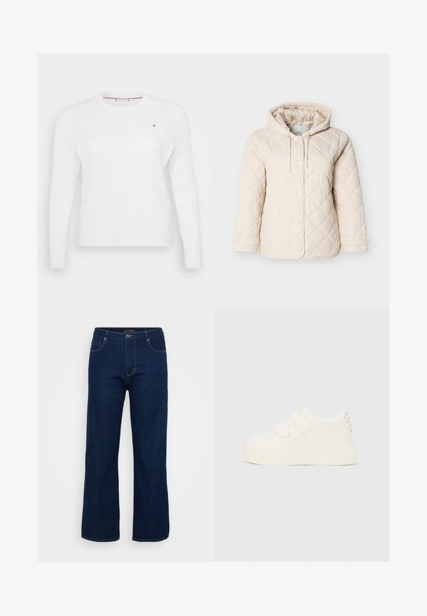 Lysebeige quiltet jakke med hætte, med trykknapper, snøre ved halsen og elastiske manchetter for en sikker pasform.; Hvid strikket sweater med et struktureret diamantmønster, rund halsudskæring og lange ærmer. Lille logoaccent på brystet.; Mørkeblå denim jeans med lige pasform, der har en lynlås, fem lommer og synlige syninger.; Hvid platformsneaker med dobbelte velcrobånd og sølvnitter på hælen, vist fra siden på en ensfarvet baggrund.