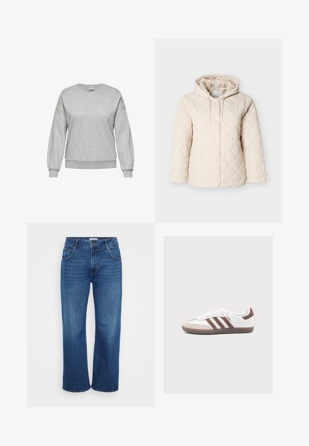Lysebeige quiltet jakke med hætte, med trykknapper, snøre ved halsen og elastiske manchetter for en sikker pasform.; Grå sweatshirt lavet af en bomuldsblandingsmateriale, med en rund halsudskæring, lange ballonærmer samt ribbede manchetter og kant.; Bredde ben jeans i mørkeblå denim. Har fem lommer, bælteskydere og svag falmning langs benene. Glat tekstur med en standart pasform.; Hvid Adidas Samba sneaker med brune ruskindstriber, brun ruskindstå og gummisål på en lys grå baggrund.