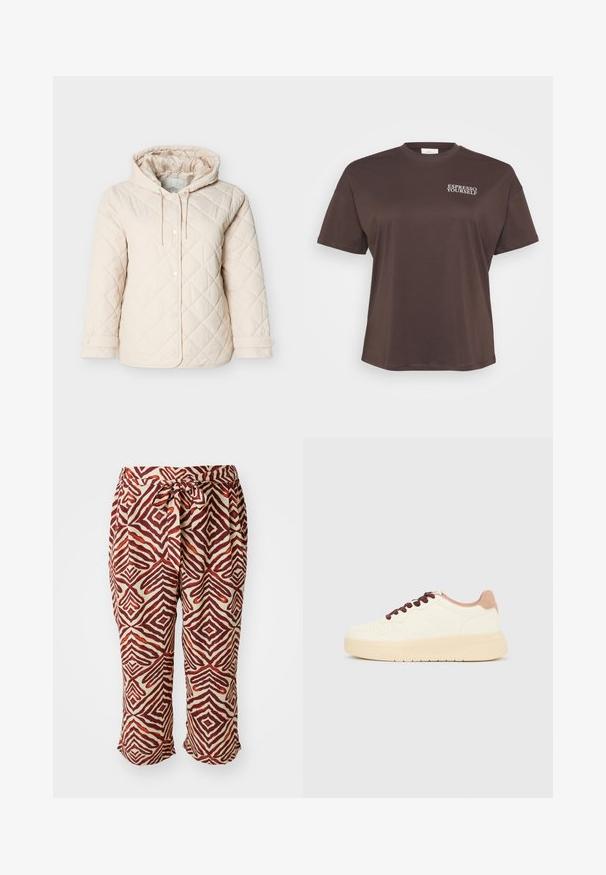 Lysebeige quiltet jakke med hætte, med trykknapper, snøre ved halsen og elastiske manchetter for en sikker pasform.; Brun t-shirt med korte ærmer og teksten "ESPRESSO YOURSELF" i hvidt på øverste venstre side. Simpelt, afslappet design.; Røde og brune mønstrede bukser med elastisk talje. Har et geometrisk motiv på en lys baggrund. Længde til midt på læggen, letvægtsstof.; Beige lavt skindesko med tyk sål, perforeret tå, lyserød hælkant og mørkebrune snørebånd på ensfarvet lysegrå baggrund.