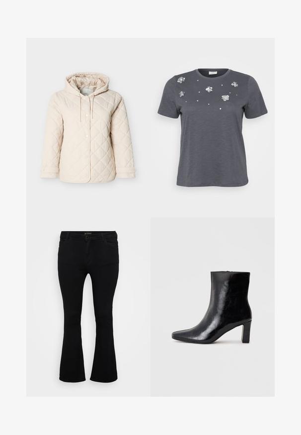 Hellbeige gesteppte Jacke mit Kapuze, ausgestattet mit Druckknöpfen, einem Kordelzug am Hals und elastischen Bündchen für einen sicheren Sitz.; Graues Baumwoll-T-Shirt mit kurzen Ärmeln, verziert mit metallischen Blumenapplikationen und Pailletten, die auf der Vorderseite angeordnet sind. Weiche Textur, lässige Passform.; Schwarze Schlagjeans aus Denim mit Knopfverschluss, fünf Taschen und einer glatten Textur. Klassisches Design mit ausgestellt geschnittenem Saum.; Schwarze Knöchelstiefel aus glänzendem Leder mit spitzem Zustand und mittelhohem Blockabsatz, mit glatter Textur und einfachem Design.