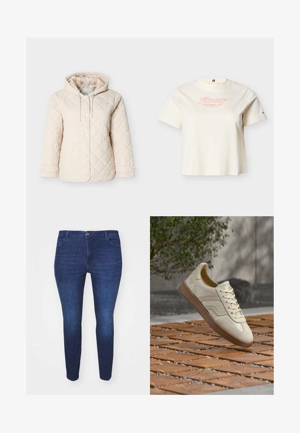 Hellbeige gesteppte Jacke mit Kapuze, ausgestattet mit Druckknöpfen, einem Kordelzug am Hals und elastischen Bündchen für einen sicheren Sitz.; Cremefarbenes kurzärmeliges T-Shirt mit Rundhalsausschnitt, vorne mit "Tommy Hilfiger, Co. Los Angeles, CA USA" in rotem Text und kleinem Logo am linken Ärmel.; Dunkelblaue Slim-Fit-Jeans aus Denim mit einem Frontknopf und Taschen, von der Front gegen einen weißen Hintergrund gezeigt.; Sneaker in cremefarben mit einer strukturierten, beigen Gummisohle, schnürungsdesign und dezentem Branding an der Seite. Glattes Lederobermaterial.