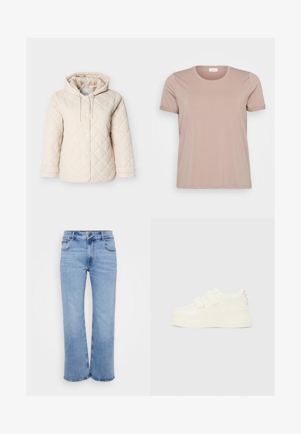 Lichtbeige gewatteerde jas met capuchon, voorzien van drukknoopsluitingen, een trekkoord bij de hals en elastische manchetten voor een veilige pasvorm.; Lichtroze T-shirt met korte mouwen, een ronde halslijn en opgerolde mouwen, gemaakt van een gladde, zachte stof. Geen zichtbare patronen of accenten.; Lichtblauwe wijde jeans gemaakt van denim, met vijf zakken, een rits aan de voorkant en een knoopsluiting. Subtiele stikdetails langs de naden.; Witte platform sneaker met dubbele klittenbandsluitingen en zilverkleurige studs op de hiel, zijdelings getoond tegen een effen achtergrond.