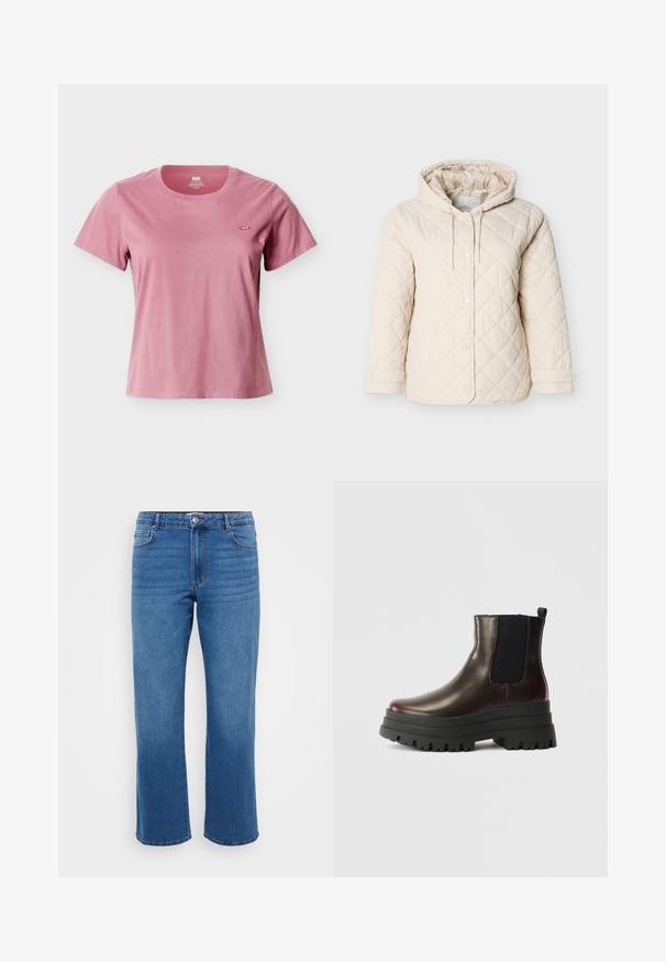 Veste matelassée beige clair avec capuche, dotée de boutons-pression, d'un cordon de serrage au niveau du cou et de poignets élastiques pour un maintien optimal.; T-shirt pour femme à manches courtes, col rond, rose poussiéreux, avec petit logo rouge Levi's sur la poitrine gauche sur fond blanc.; Jean en denim bleu avec une coupe droite, présentant une fermeture à bouton, un design classique à cinq poches et une texture légèrement décolorée au niveau des cuisses.; Bottine en cuir marron avec des panneaux élastiques sur les côtés, semelle plateforme noire épaisse et tirette. Présente une finition lisse et un motif de semelle robuste.