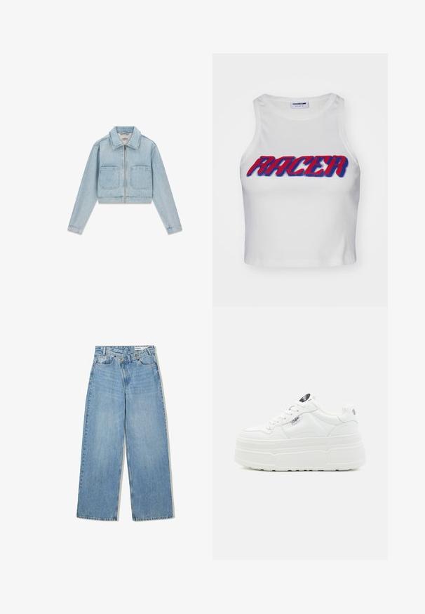 Világoskék, farmervászon rövid fazonú dzseki hosszú ujjakkal, elöl cipzárral, két nagy első zsebbel és gallérral.; Fehér bordázott cropped tank top, amelyen a "RACER" szó vastag vörös és kék betűkkel szerepel az elején.; Világoskék, széles szárú farmernadrág dupla gombos záródással és első zsebekkel, fehér hátterű sík felületen lefektetve.; Fehér platform edzőcipők sima szintetikus külsővel, lekerekített orral, párnázott gallérral és texturált talppal. Különböző színű logó címke is található rajtuk.