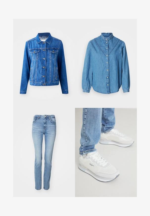 Veste en denim bleu avec un col, fermeture à boutons sur le devant, deux poches poitrine et poches latérales. Présente des coutures contrastées et une coupe légèrement ajustée.; Chemise en denim bleu avec un col montant froncé, une fermeture boutonnée à l'avant et des manches longues. Elle présente des coutures décoratives et un ourlet légèrement arrondi.; Jeans en denim bleu clair au design droit. Comprend un style à cinq poches, une fermeture à bouton et un léger délavage sur le tissu.; Baskets de sport blanches avec une finition lisse et texturée, dotées de lacets et d'une semelle en caoutchouc grise. Complétées par un jean bleu clair et ajusté.