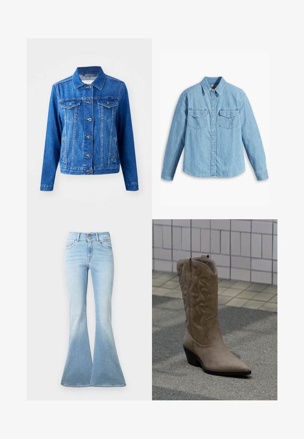 Blå denimjakke med krave, frontknaplukning, to brystlommer og sidelommer. Har kontrastsyninger og en let tætsiddende form.; Lyseblå denimskjorte med lange ærmer, spidse krave, to brystlommer, knaplukning og subtil tekstur. Ingen synlige mønstre.; Lyseblå flagrende jeans lavet af denim. Har høj talje med to knapper og let blegning mod kanten. Klassisk fem-lomme design.; Høj, beige cowboystøvle i ruskind med dekorative syninger og nitteaccenter, med spids snude og skråsort hæl på fortovet.