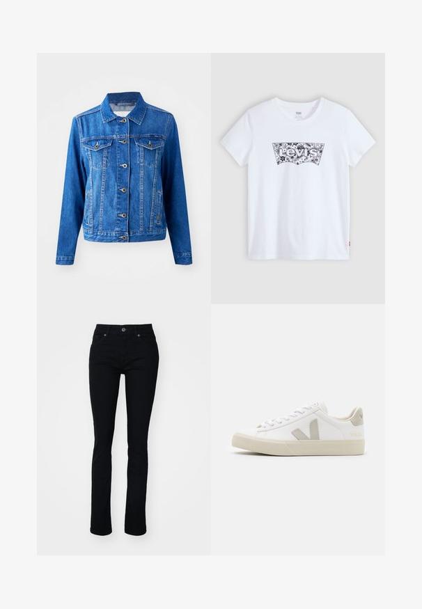 Blauwe denimjack met een kraag, sluiting met knopen aan de voorkant, twee borstzakken en zijzakken. Bevat contrasterende stiksels en heeft een iets getailleerde vorm.; Witte Levi's T-shirt met korte mouwen en een zwart bloemenpatroon logo in het midden van de borst.; Zwarte denim jeans met een slim fit, vijf-pocket ontwerp, ritssluiting en knoopsluiting. Glad textuur en lichte rek voor comfort.; Witte sneakers van leer met grijze V-logo accenten, een gestructureerde rubberen zool, witte veters en een gevoerde tong en kraag.