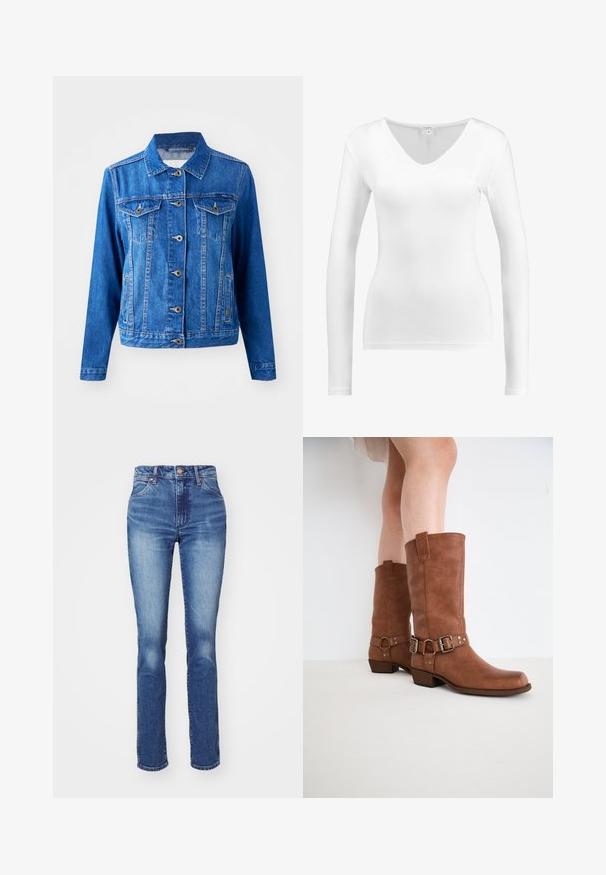 Blauwe denimjack met een kraag, sluiting met knopen aan de voorkant, twee borstzakken en zijzakken. Bevat contrasterende stiksels en heeft een iets getailleerde vorm.; Witte lange mouwen V-hals top van een soepele, lichte stof; aangesloten ontwerp zonder extra patronen of hardware-details.; Blauwe denim jeans met een rechte pasvorm, hoge taille en subtiele vervaging. Beschikt over een knoopsluiting en een klassieke vijf-pocket stijl. Textuur is soepel.; Bruine leren enkellaarzen met een lichtpuntige neus, decoratieve gespen en een lage, gestapelde hak. Glad oppervlak met een matte afwerking.