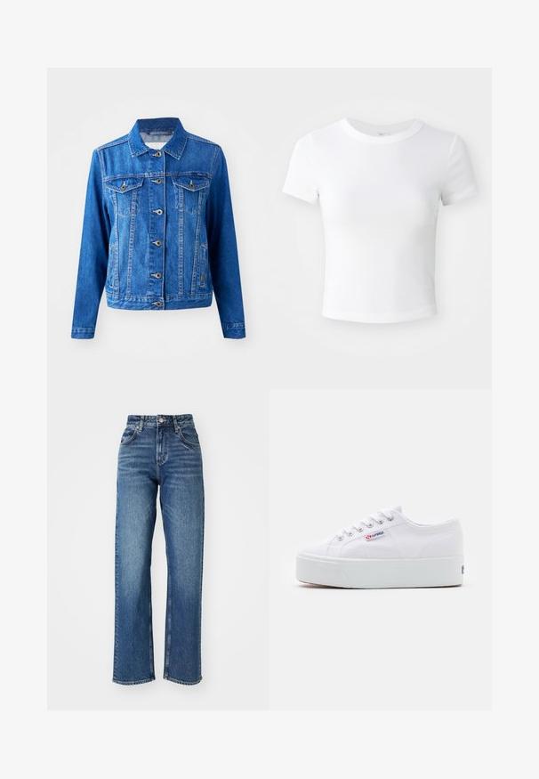 Veste en denim bleu avec un col, fermeture à boutons sur le devant, deux poches poitrine et poches latérales. Présente des coutures contrastées et une coupe légèrement ajustée.; T-shirt courte à manches courtes, blanche, avec un col rond, présentée sur un fond neutre et lumineux.; Jeans taille haute, à jambe large en denim bleu. Comprend cinq poches, une fermeture à bouton et un dégradé subtil sur le tissu.; Baskets en toile blanches avec une épaisse semelle plateforme blanche, bout rond et œillets en métal pour les lacets. Logo de la marque affiché sur le côté.