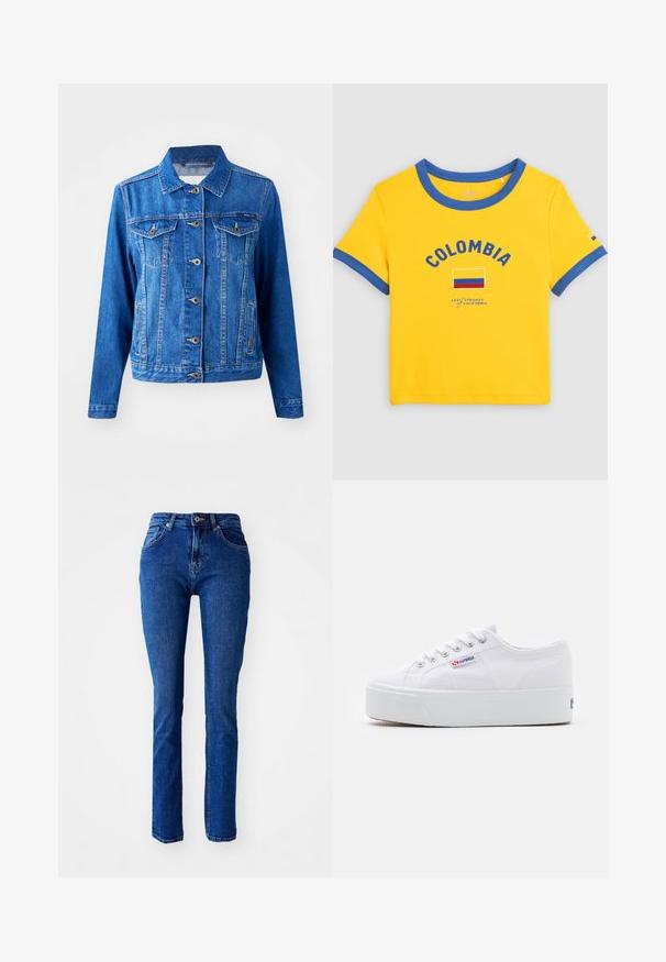 Blaue Jeansjacke mit Kragen, vorderem Knopfverschluss, zwei Brusttaschen und Seitentaschen. Verfügt über Kontrastnähte und eine leicht taillierte Passform.; Gelbes T-Shirt mit kurzen Ärmeln und blauem Besatz, „COLOMBIA“-Schriftzug, Grafik der kolumbianischen Flagge und Levi Strauss of California Branding auf der Vorderseite.; Blaue Jeans aus Denim mit schmaler Passform, hohem Bund, geraden Beinen und gesteppten Details. Verfügt über einen Knopf- und Reißverschluss. Keine zusätzlichen Verzierungen.; Weiße Leinenschuhe mit einer dicken weißen Plattformsohle, runder Zehenpartie und Metallösen für die Schnürsenkel. Markenlogo an der Seite angebracht.