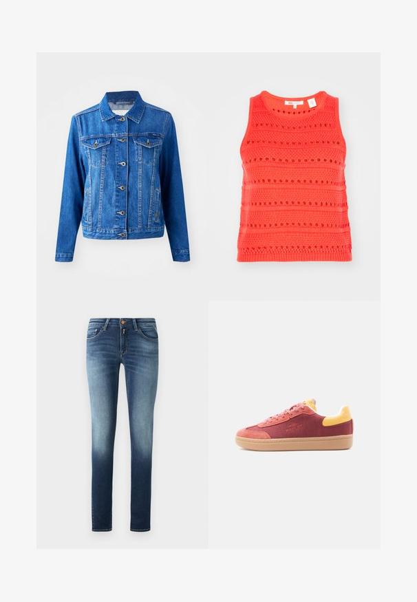 Blauwe denimjack met een kraag, sluiting met knopen aan de voorkant, twee borstzakken en zijzakken. Bevat contrasterende stiksels en heeft een iets getailleerde vorm.; Koraalkleurige tanktop met een gestructureerd breipatroon, voorzien van horizontale strepen en opengewerkte details, ronde halslijn en mouwloos ontwerp.; Skinny jeans van denim met een blauwe gradient van donker naar licht. Vijfzakkenontwerp met een ritssluiting en metalen knop. Soepele textuur.; Lage sneaker in rood- en geelachtige tinten met suède accenten, rubberen zool en "REPLAY"-logo aan de zijkant.