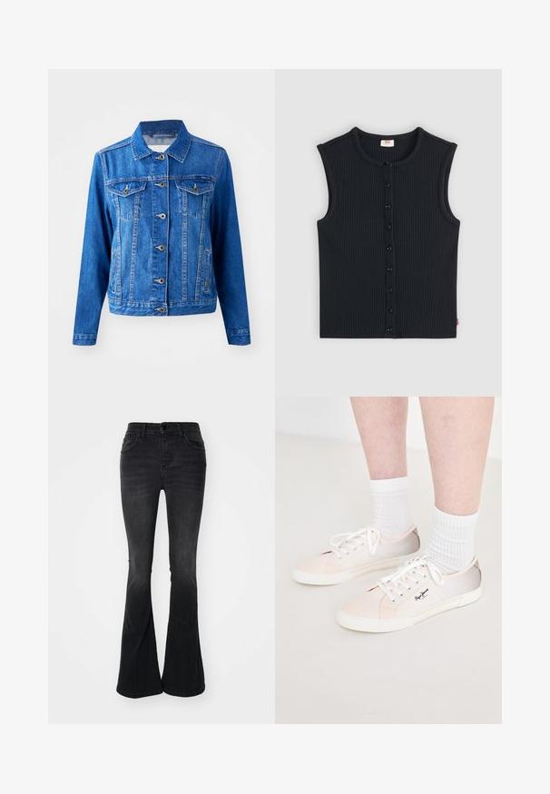 Veste en denim bleu avec un col, fermeture à boutons sur le devant, deux poches poitrine et poches latérales. Présente des coutures contrastées et une coupe légèrement ajustée.; Haut sans manches côtelé marine avec encolure ronde et boutons noirs sur le devant. Présente une petite étiquette de marque sur l'ourlet latéral.; Jean noir évasé en denim, avec une taille haute, poches frontales, fermeture à bouton et finitions nettes à l'ourlet.; Baskets en toile de couleur claire avec des lacets blancs, présentant des accents roses et beiges, une semelle en caoutchouc blanche et un logo sur le côté.