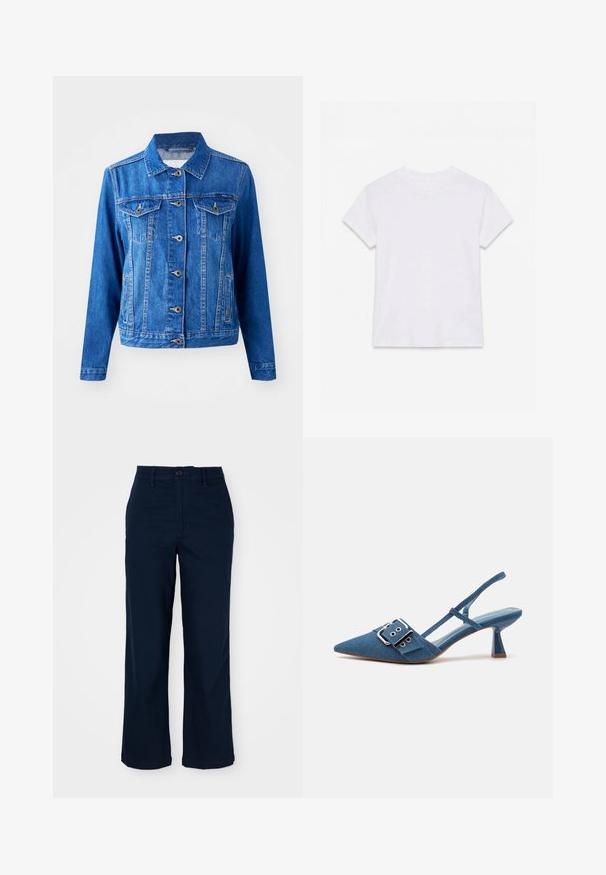 Blå denimjakke med krave, frontknaplukning, to brystlommer og sidelommer. Har kontrastsyninger og en let tætsiddende form.; Hvid kortærmet t-shirt i bomuld med rund hals, lagt fladt på en hvid baggrund.; Mørkeblå bredbenede bukser lavet af bomuld med knaplukning, forlommer og diskrete syninger. skræddersyet snit for komfort.; Denim slingback pumps med spids tå, justerbar spændebånd, og en glansfuld blå hæl. Glat tekstur med en lys blå indersål.