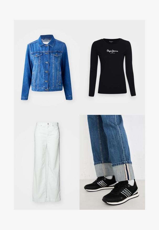 Veste en denim bleu avec un col, fermeture à boutons sur le devant, deux poches poitrine et poches latérales. Présente des coutures contrastées et une coupe légèrement ajustée.; T-shirt noir à manches longues en coton, avec un col rond et un logo blanc "Pepe Jeans LONDON" au centre.; Jean en denim blanc à jambes larges avec une taille, un bouton frontale et une fermeture éclair, et cinq poches. Le tissu a une texture lisse et solide.; Baskets noires avec des rayures blanches, assorties à un jean en denim bleu avec un revers replié et une doublure intérieure contrastante. Semelle souple, design minimaliste.